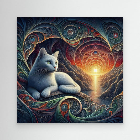 A white cat sat with a Surreal sunrise in the background